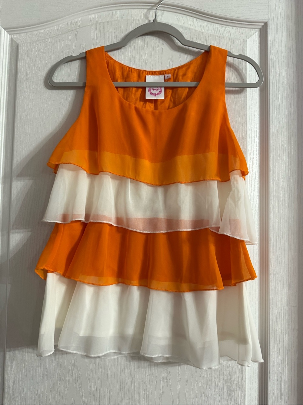 Fashion Spy Orange White Ruffle Tiered Y2K Top Sz S. MY-270